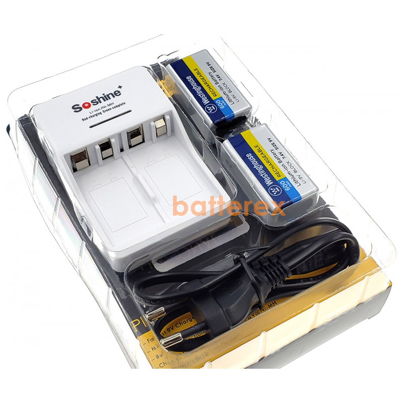 Зарядное устройство Soshine SC-V1 и 2 аккумулятора Крона Li-ion Westinghouse 9V 600 mah Зарядное устройство Soshine SC-V1 и 2 аккумулятора Крона Li-ion Westinghouse 9V 600 mah