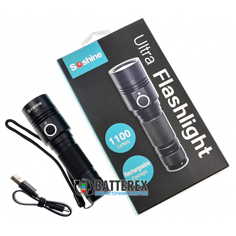 Фонарь Soshine TC14 USB (3 режима яркости, алюминиевый корпус, 1100 люмен, встроенная USB-зарядка, защита от воды)