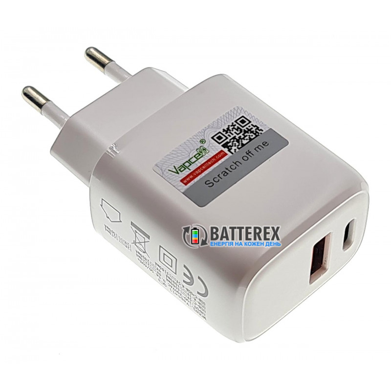 Быстрое USB зарядное устройство Vapcell QC3 на 2 выхода USB - быстрый заряд USB QuickCharge 3.0 и Type-C PD Быстрое USB зарядное устройство Vapcell QC3 на 2 выхода USB - быстрый заряд USB QuickCharge 3.0 и Type-C PD