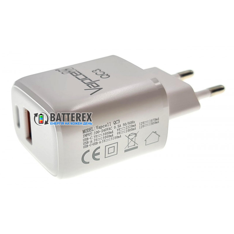 Быстрое USB зарядное устройство Vapcell QC3 на 2 выхода USB - быстрый заряд USB QuickCharge 3.0 и Type-C PD Быстрое USB зарядное устройство Vapcell QC3 на 2 выхода USB - быстрый заряд USB QuickCharge 3.0 и Type-C PD