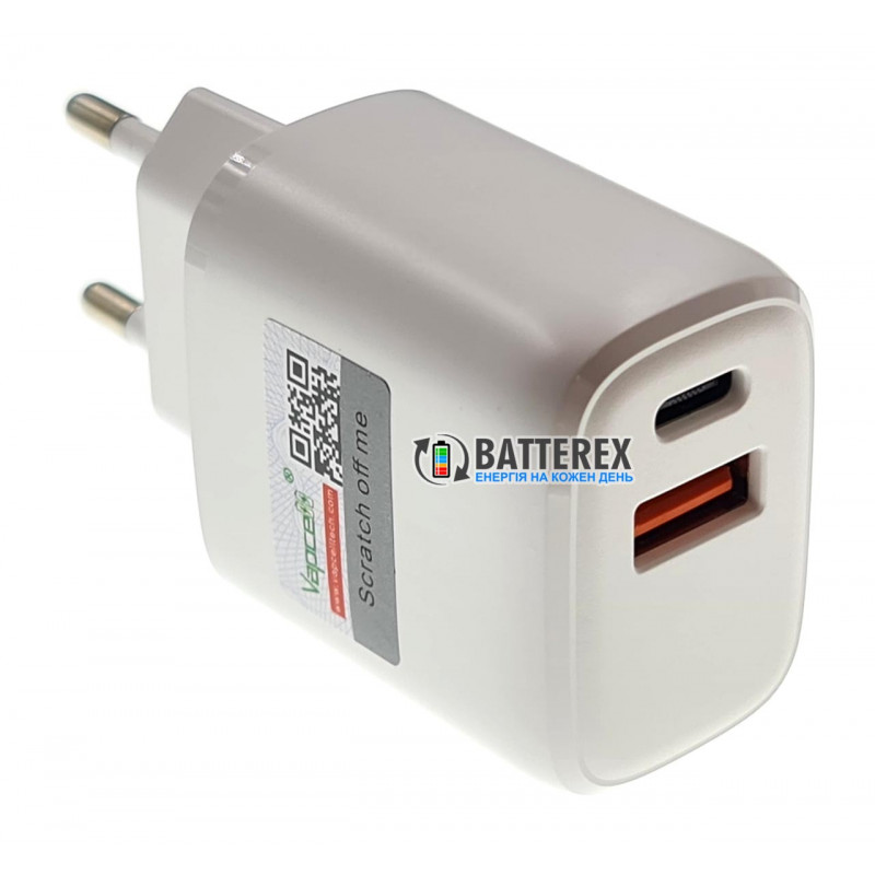 Быстрое USB зарядное устройство Vapcell QC3 на 2 выхода USB - быстрый заряд USB QuickCharge 3.0 и Type-C PD Быстрое USB зарядное устройство Vapcell QC3 на 2 выхода USB - быстрый заряд USB QuickCharge 3.0 и Type-C PD