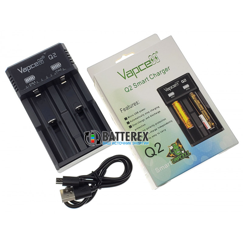 2-канальное зарядное устройство Vapcell Q2 для Li-ion аккумуляторов 18650, 21700, 26650, 14500, 16340 2-канальное зарядное устройство Vapcell Q2 для Li-ion аккумуляторов 18650, 21700, 26650, 14500, 16340