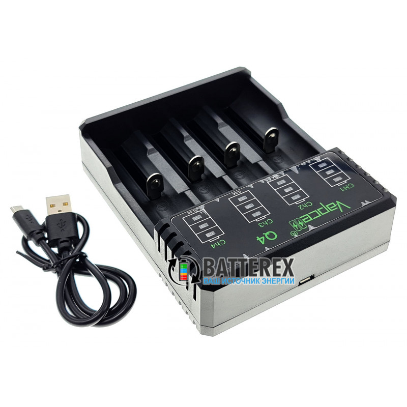 4-канальное зарядное устройство Vapcell Q4 для Li-ion аккумуляторов 18650, 21700, 26650, 14500, 16340 4-канальное зарядное устройство Vapcell Q4 для Li-ion аккумуляторов 18650, 21700, 26650, 14500, 16340