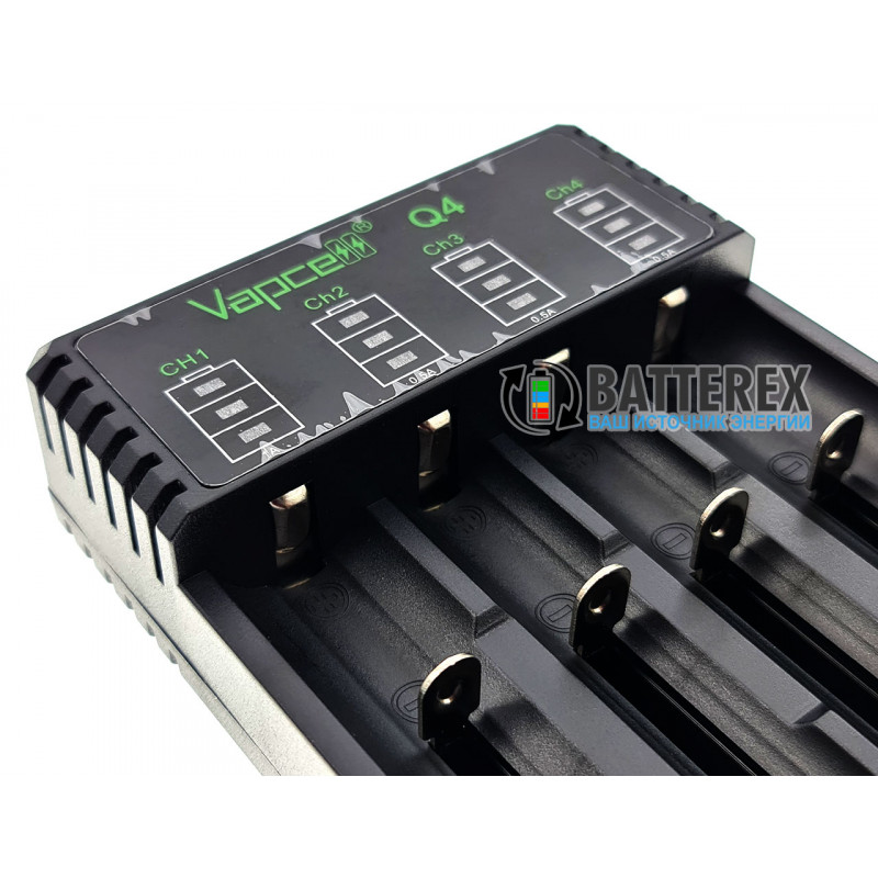 4-канальное зарядное устройство Vapcell Q4 для Li-ion аккумуляторов 18650, 21700, 26650, 14500, 16340 4-канальное зарядное устройство Vapcell Q4 для Li-ion аккумуляторов 18650, 21700, 26650, 14500, 16340