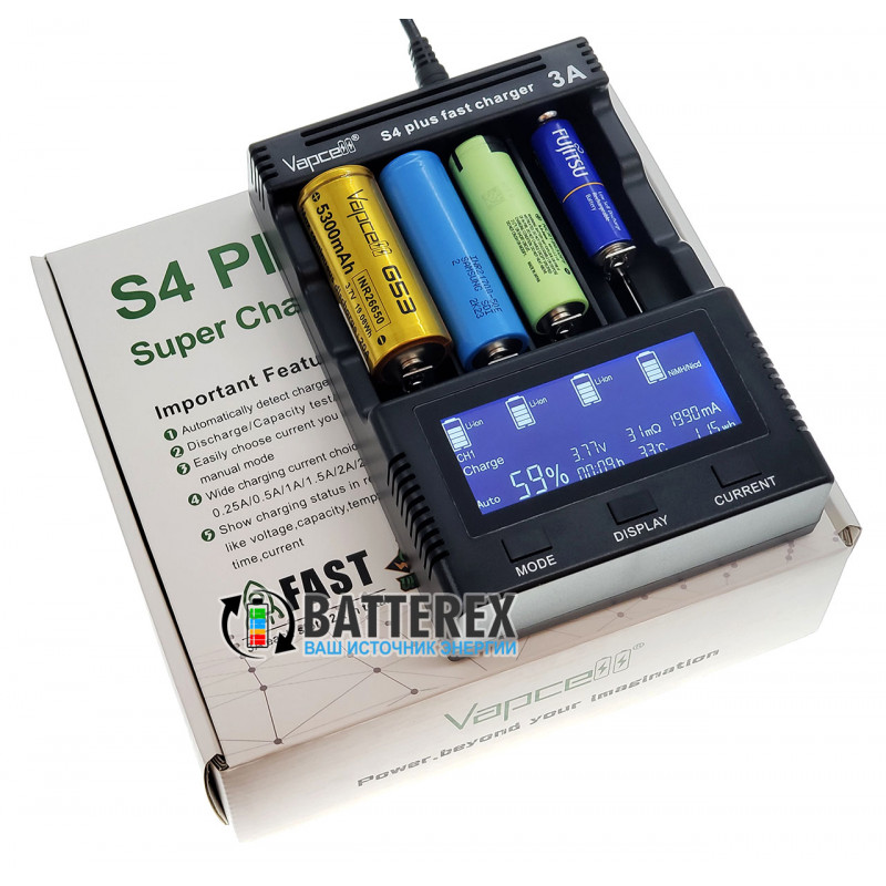 Продвинутое интеллектуальное зарядное устройство Vapcell S4 Plus для Ni-MH и Li-ion аккумуляторов AA, AAA, 18650, 21700, 20700, 26650 и др. Продвинутое интеллектуальное зарядное устройство Vapcell S4 Plus для Ni-MH и Li-ion аккумуляторов AA, AAA, 18650, 21700, 20700, 26650 и др.
