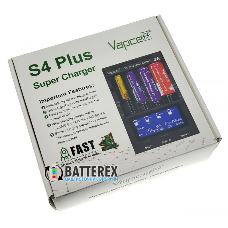 Продвинутое интеллектуальное зарядное устройство Vapcell S4 Plus для Ni-MH и Li-ion аккумуляторов AA, AAA, 18650, 21700, 20700, 26650 и др. Продвинутое интеллектуальное зарядное устройство Vapcell S4 Plus для Ni-MH и Li-ion аккумуляторов AA, AAA, 18650, 21700, 20700, 26650 и др.