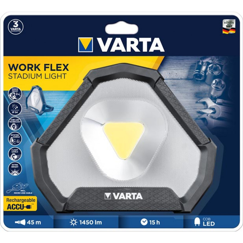 Фонарь-прожектор Varta Work Flex Stadium Light 18647 с зарядкой от USB и встроенной батареей 5200mah Фонарь-прожектор Varta Work Flex Stadium Light 18647 с зарядкой от USB и встроенной батареей 5200mah
