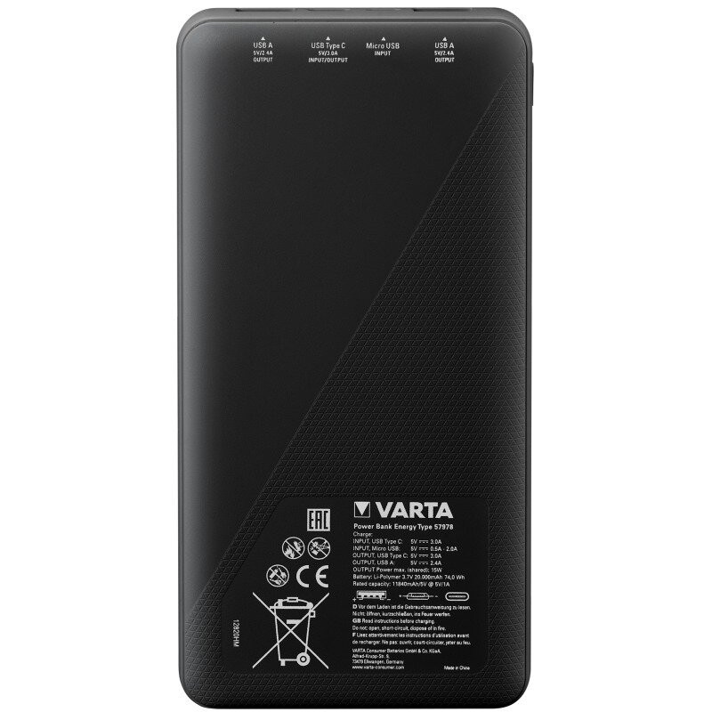 Повербанк VARTA Energy 20000mAh 15W на 2 порта USB 5V 3A Повербанк VARTA Energy 20000mAh 15W на 2 порта USB 5V 3A