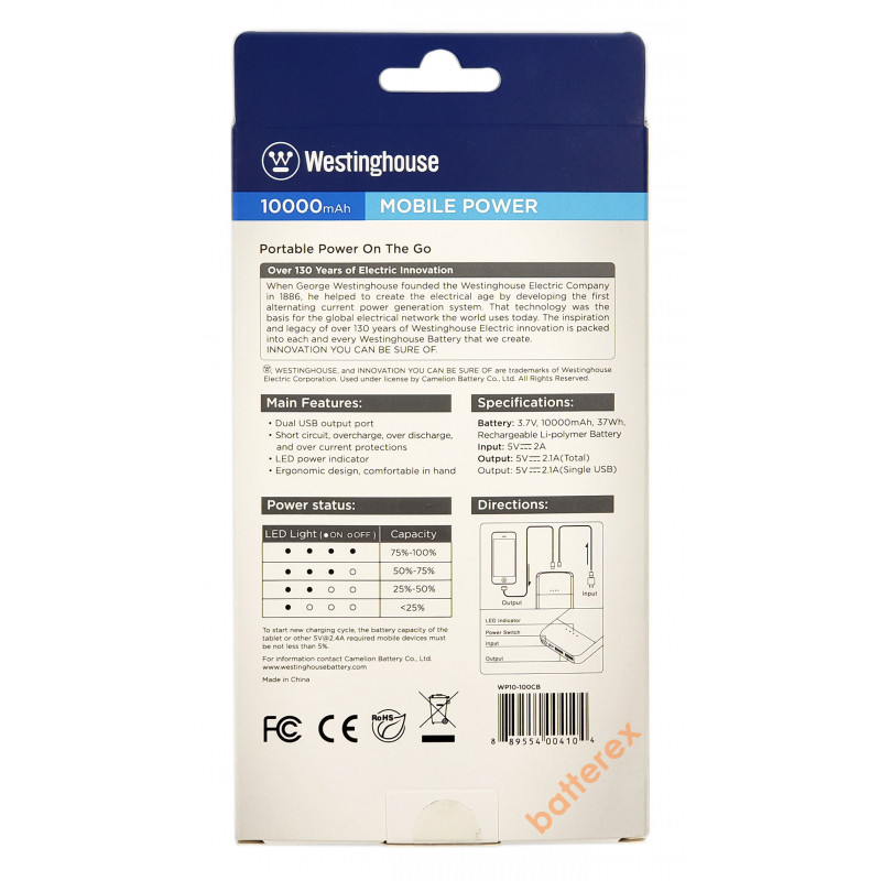 Повербанк Westinghouse WP10-100CB 10000mah (2xUSB, 2.1A, 37Wh)