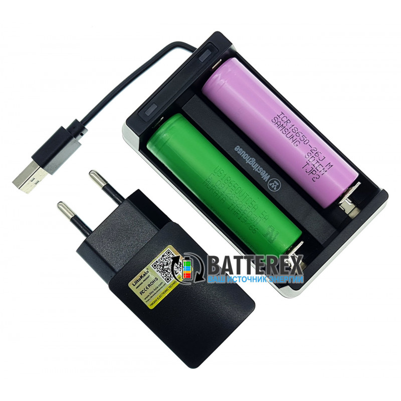 Зарядное устройство Westinghouse WBC-006-CB на 2 аккумулятора Li-Ion со встроенным USB-кабелем + USB адаптер Liitokala 5V 2A