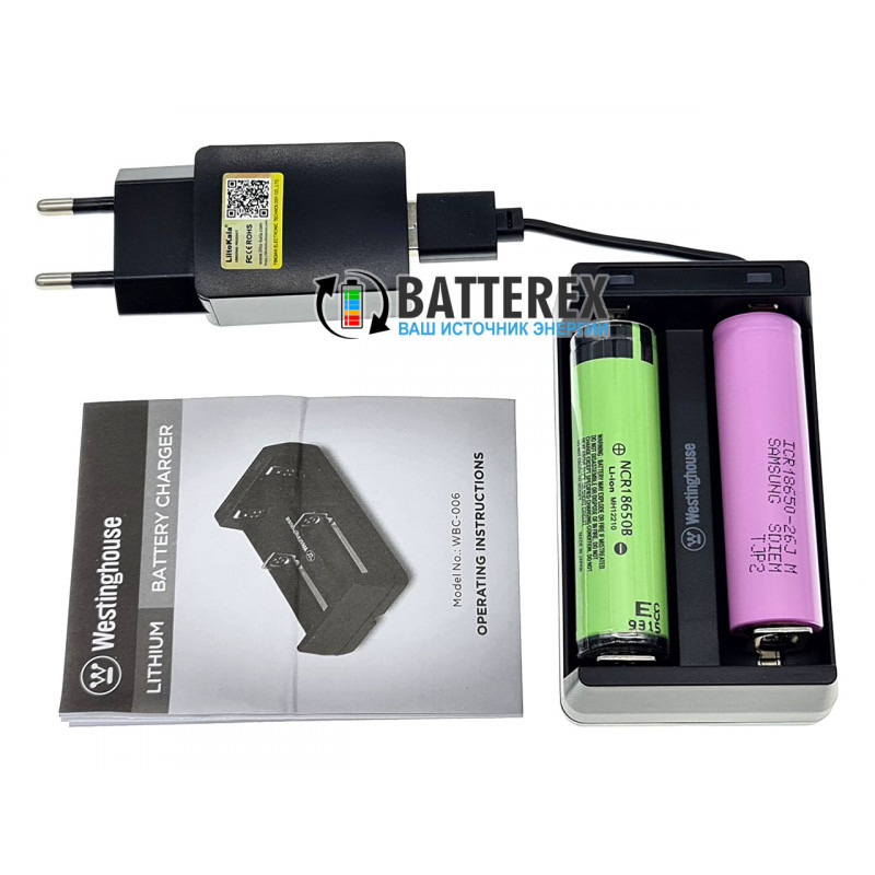 Зарядное устройство Westinghouse WBC-006-CB на 2 аккумулятора Li-Ion со встроенным USB-кабелем + USB адаптер Liitokala 5V 2A Зарядное устройство Westinghouse WBC-006-CB на 2 аккумулятора Li-Ion со встроенным USB-кабелем + USB адаптер Liitokala 5V 2A