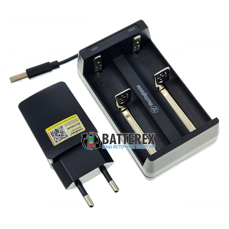 Зарядное устройство Westinghouse WBC-006-CB на 2 аккумулятора Li-Ion со встроенным USB-кабелем + USB адаптер Liitokala 5V 2A Зарядное устройство Westinghouse WBC-006-CB на 2 аккумулятора Li-Ion со встроенным USB-кабелем + USB адаптер Liitokala 5V 2A