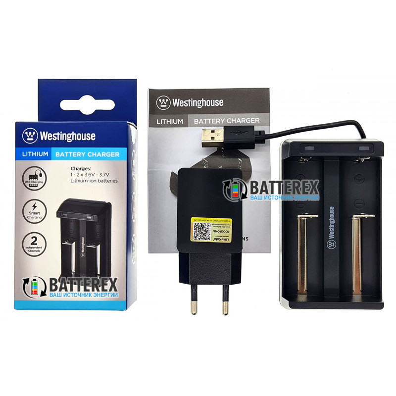 Зарядное устройство Westinghouse WBC-006-CB на 2 аккумулятора Li-Ion со встроенным USB-кабелем + USB адаптер Liitokala 5V 2A Зарядное устройство Westinghouse WBC-006-CB на 2 аккумулятора Li-Ion со встроенным USB-кабелем + USB адаптер Liitokala 5V 2A