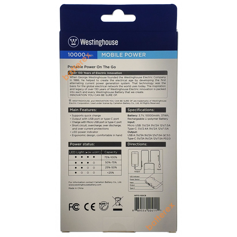 Повербанк Westinghouse WP13-100CB 10000mah быстрый заряд QuickCharge 3.0