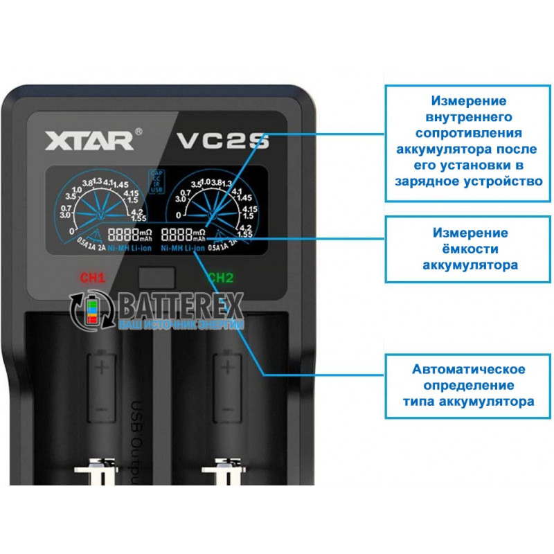 XTAR VC2S - интеллектуальная 2х-канальная зарядка для аккумуляторов Li-Ion и NiMH XTAR VC2S - интеллектуальная 2х-канальная зарядка для аккумуляторов Li-Ion и NiMH