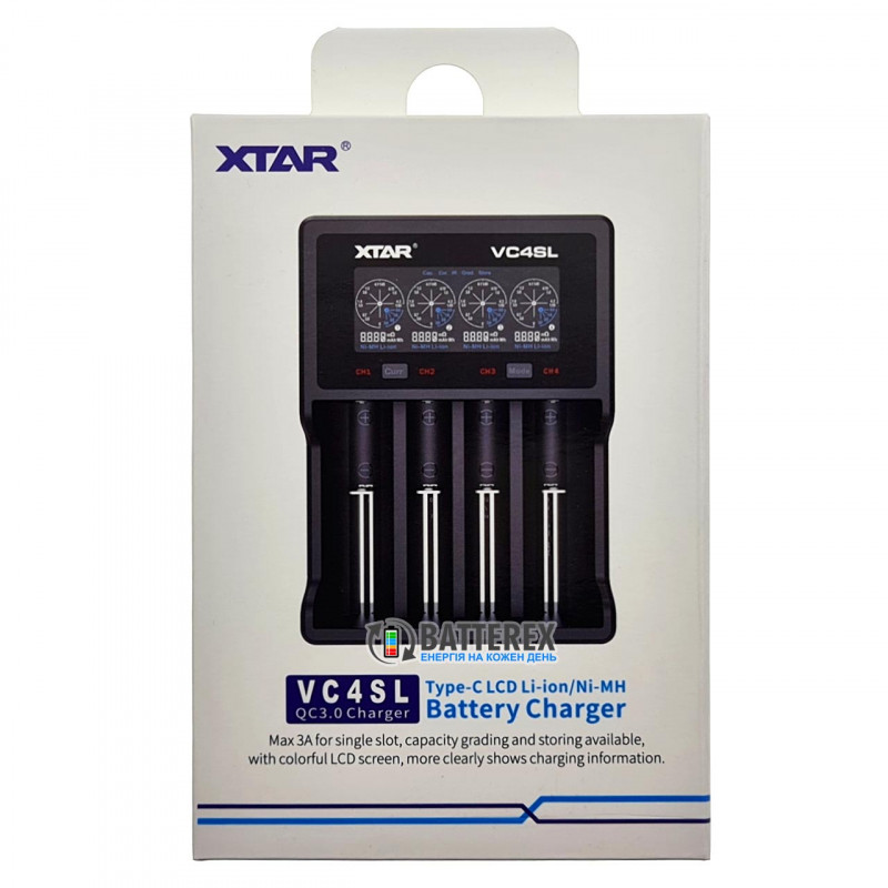 XTAR VC4SL - интеллектуальная зарядка с разрядом для аккумуляторов Li-Ion/Ni-MH с поддержкой длинных аккумуляторов 21700 с защитой